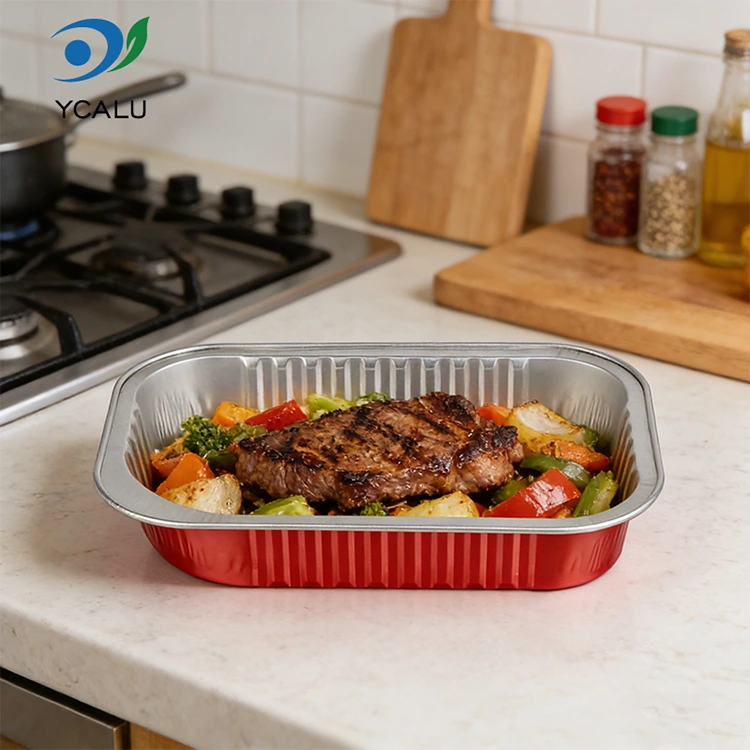 Contenedores desechables de papel de aluminio cuadrado rojo con sello de catering