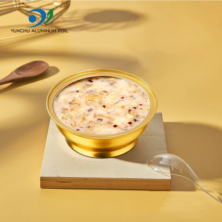 Caja para llevar redonda desechable, pequeños recipientes dorados de papel de aluminio