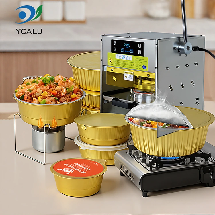 Máquina de termosellado manual con recipientes de papel de aluminio dorado